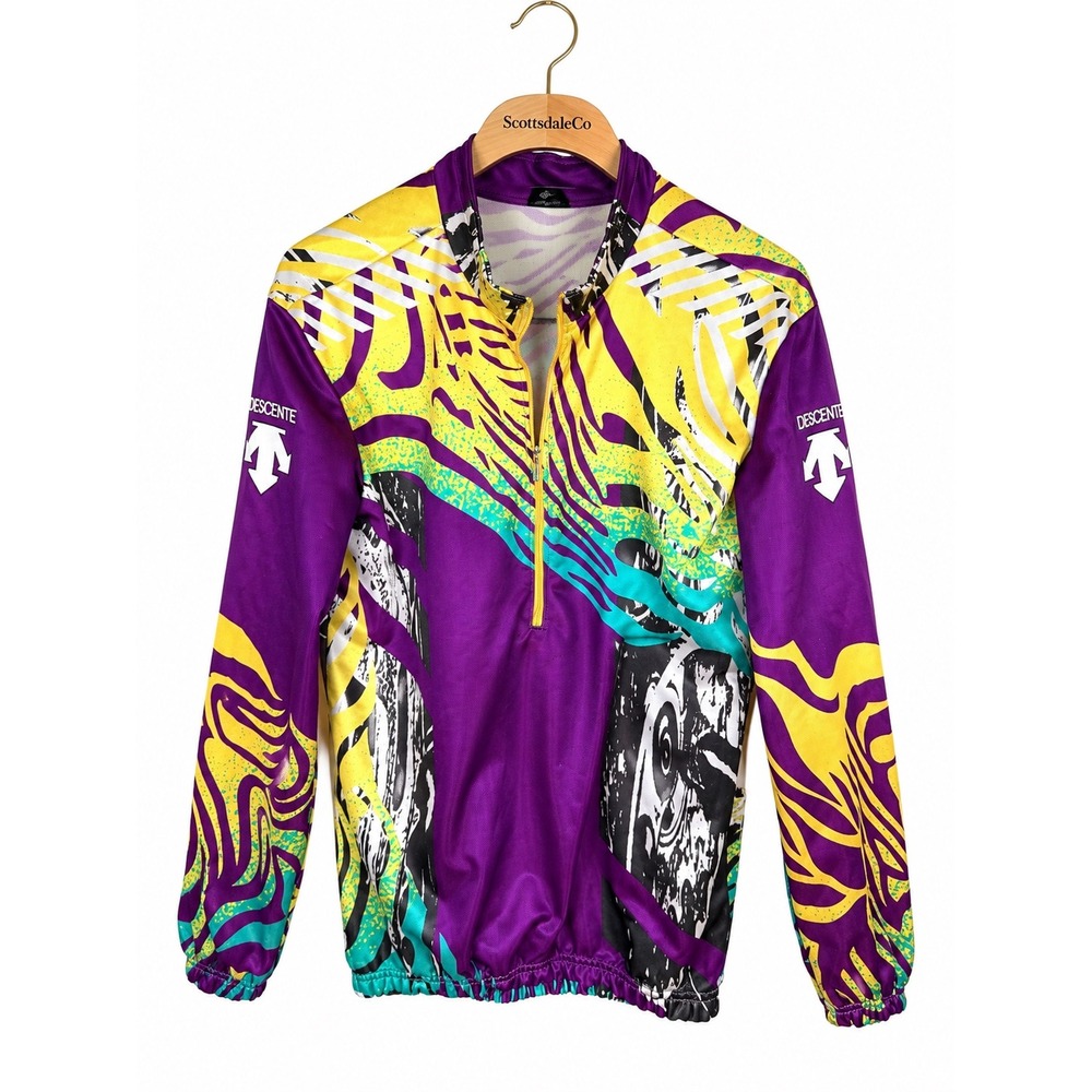 Descente Cycling Jersey Mens XL Purple Yellow Vintage Made USA Long Sleeve Retro